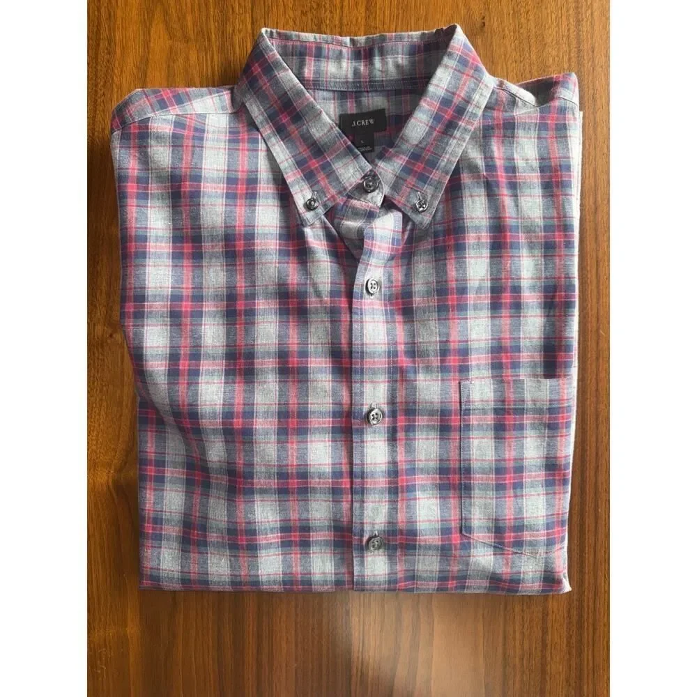 J.Crew Men's Brushed Cotton Grey Plaid Button-Up - Size L
